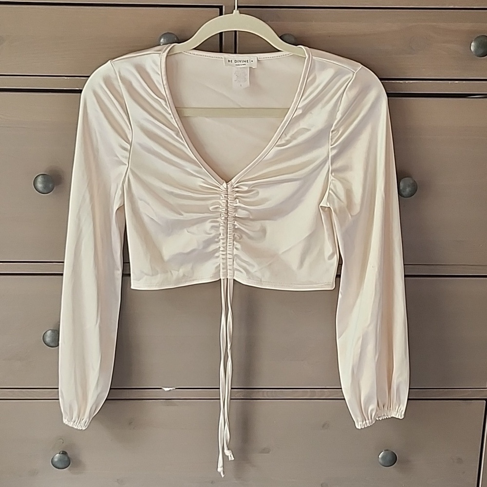VINTAGE ANTIQUE WHITE SATIN CROP TOP LONG-SLEEVED CINCH FRONT SIZE LARGE